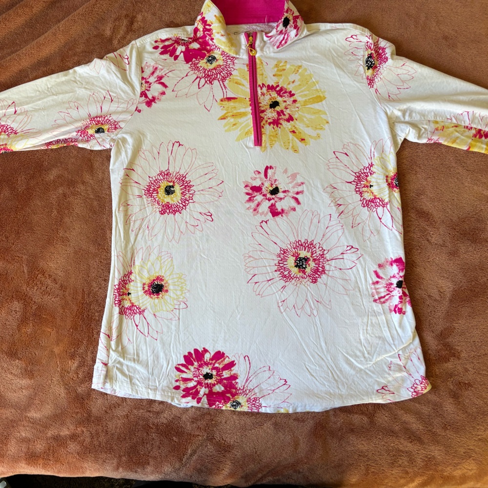 Sal Soleil Floral Quarter Zip Pullover Top Pink Yellow White - Picture 4 of 7
